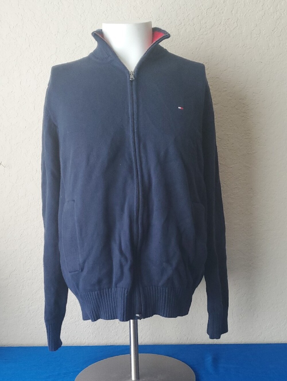 Tommy Hilfiger Mens Large Full Zip Cardigan Sweater Navy Blue Red Mock Neck